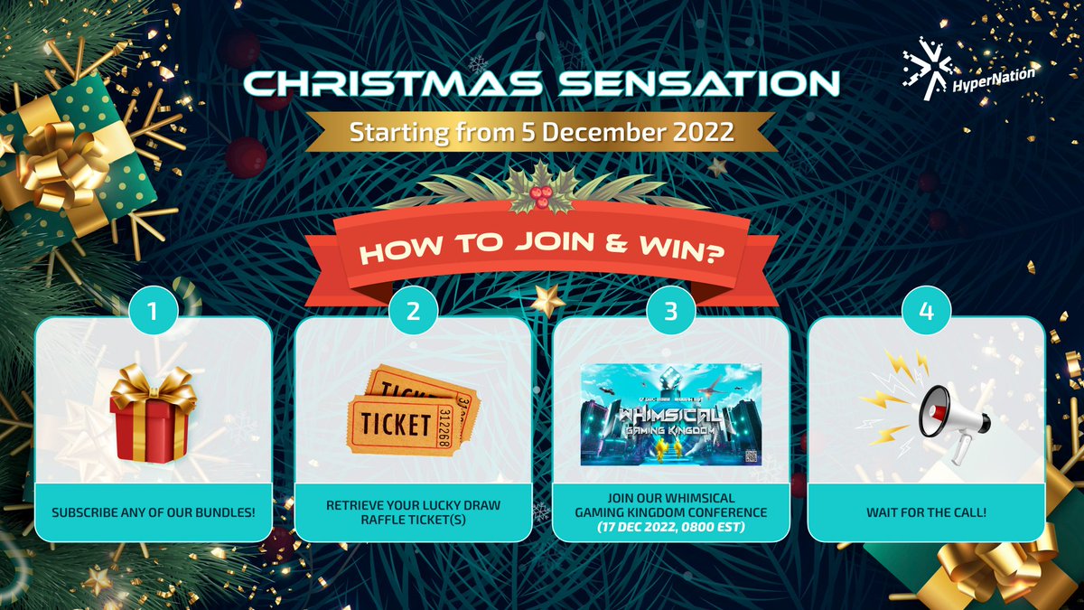 HyperNation8's tweet photo. Countdown your Christmas with Christmas Sensation & win PRIZES total worth up to $300,000! 🎁
Check out what's in the bundle & the steps to win! 🤩
🗓 : 5 - 19 December 2022
#HyperNation #ChristmasSensation #Christmas #Crypto https://t.co/882L1Ubuqi