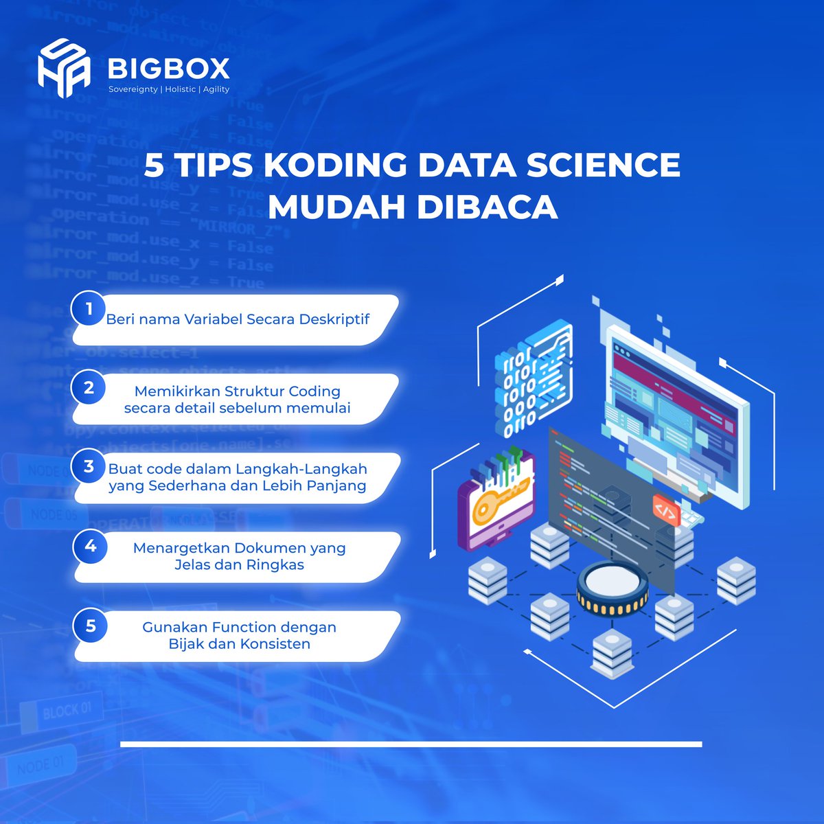 BIGBOXcoid's tweet photo. Hi sobat BigBox! Yuk simak post ini untuk mengetahuI beberapa cara menghasilkan kode berkualitas tinggi yang dapat dibaca dan digunakan kembali oleh developer lain.
#BigData #BigBoxIndonesia #BigDataAnalyticsPlatform #DataScience #Marketplaceanalytics #AI #machinelearning https://t.co/0LhIs5ZbbP