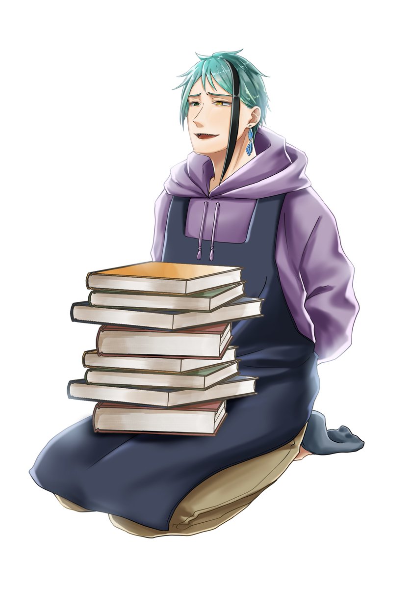 1boy book stack male focus seiza purple hoodie book streaked hair  illustration images