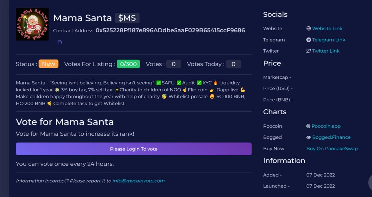 Mama Santa is listed on mycoinvote.com make sure to vote for us🔥🚀

Link -> mycoinvote.com/MamaSanta