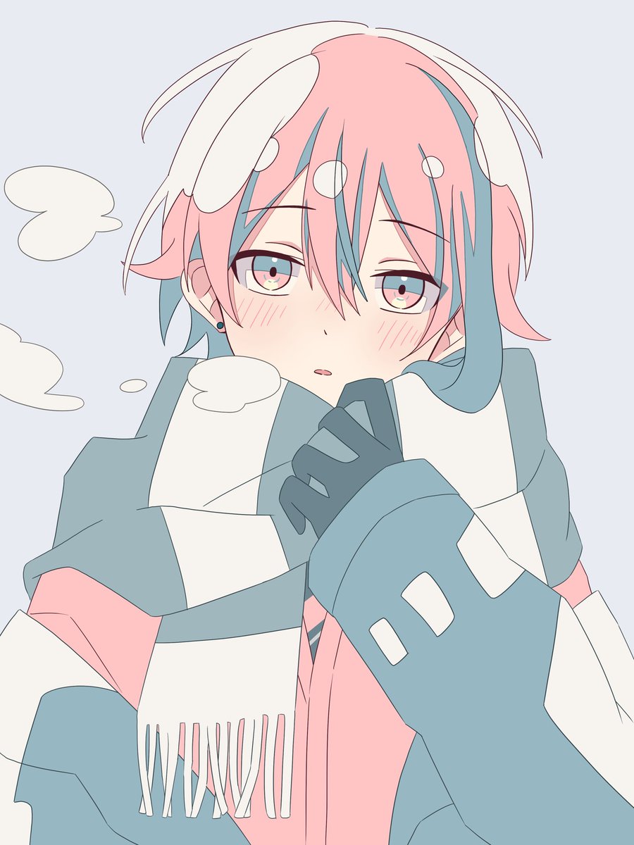 male focus 1boy scarf pink hair solo gloves blush  illustration images