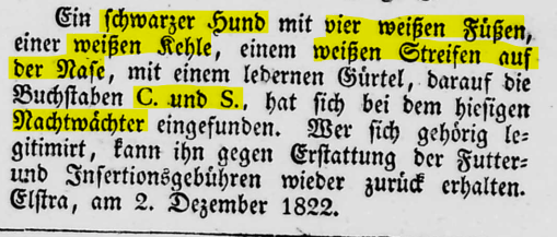 KamenzPresse's tweet photo. 5.12.1822
Dem #Elstra|er #Nachtwächter ist ein schwarzer #Hund mit weißen Flecken zugelaufen. Er trägt ein ledernes Band mit den Buchstaben "C. S.". Ob es die Initialen des Hundes oder des Besitzers sind?
#Haustier https://t.co/GJikTaRDYP