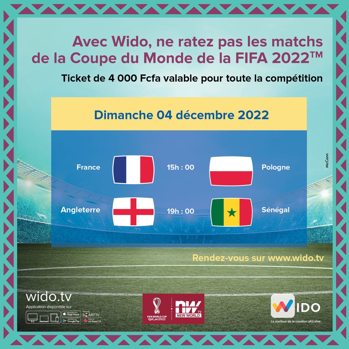 max_it_tv_sn's tweet photo. Ce dimanche sera 🔥🔥🔥🔥⚽😍 les Champions du Monde et Champions d’Afrique en titre jouent leurs matchs de 8ème de la FIFA 2022TM ⚽️.
Achète ton ticket à 4 000F CFA sur https://t.co/zjRdGjrWGF pour regarder en direct les matchs sur Wido.
#WidoCDM #MenNaNekk https://t.co/Tn57nJdZLb