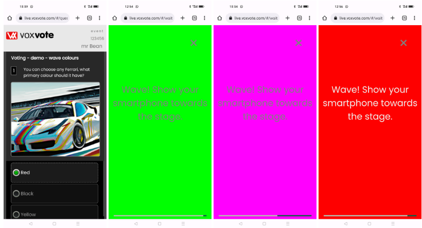 VoxVote's tweet photo. New! VoxVote Wave Colours!

A colourful experience, your audience smartphone will transform into the colour of the voted answer. 

See https://t.co/F6llzvVnun
Great for your upcoming Christmas Quiz or team events.

#voxvote #wavecolours #smartphone_voting #kahootalternative https://t.co/ecpitSVZzk