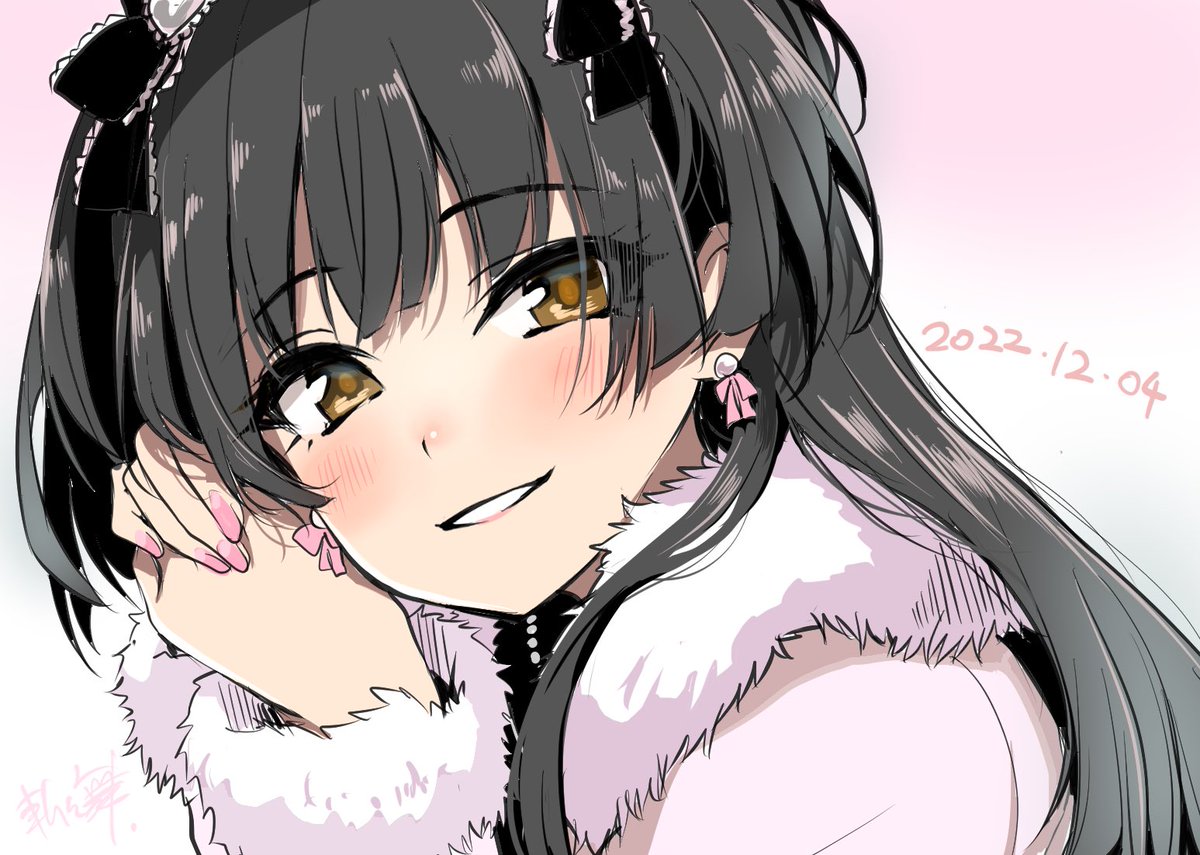 mayuzumi fuyuko 1girl solo black hair smile looking at viewer blush earrings  illustration images