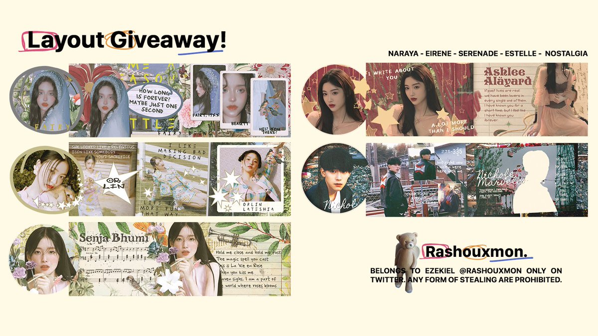 [GIVEAWAY]

Hello, beautiful souls! Aku mau giveaway katalog layoutku yang baru nih. Semua tipe akun boleh ikutan yaa. Caranya cukup:

- Rt tweet ini
- Rt layout yang kamu mau
- Follow aku dan ajak persekutuanmu (optional) 

Diundi selesai aku ujian. Good luck! #zonauang #zonaba