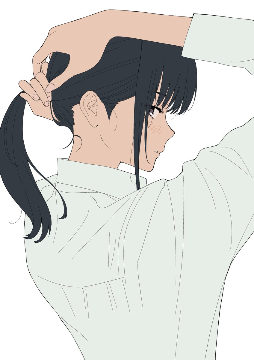 1girl solo black hair white background shirt simple background ponytail  illustration images