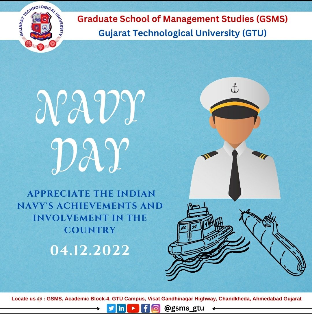 GsmsGtu's tweet photo. If you know someone who is serving or has served in the Indian Navy, you can make the day special for them by wishing them a Happy Indian Navy Day.

#navy #indainnavy🇮🇳 #gsms #gtu https://t.co/kzohypiS7g