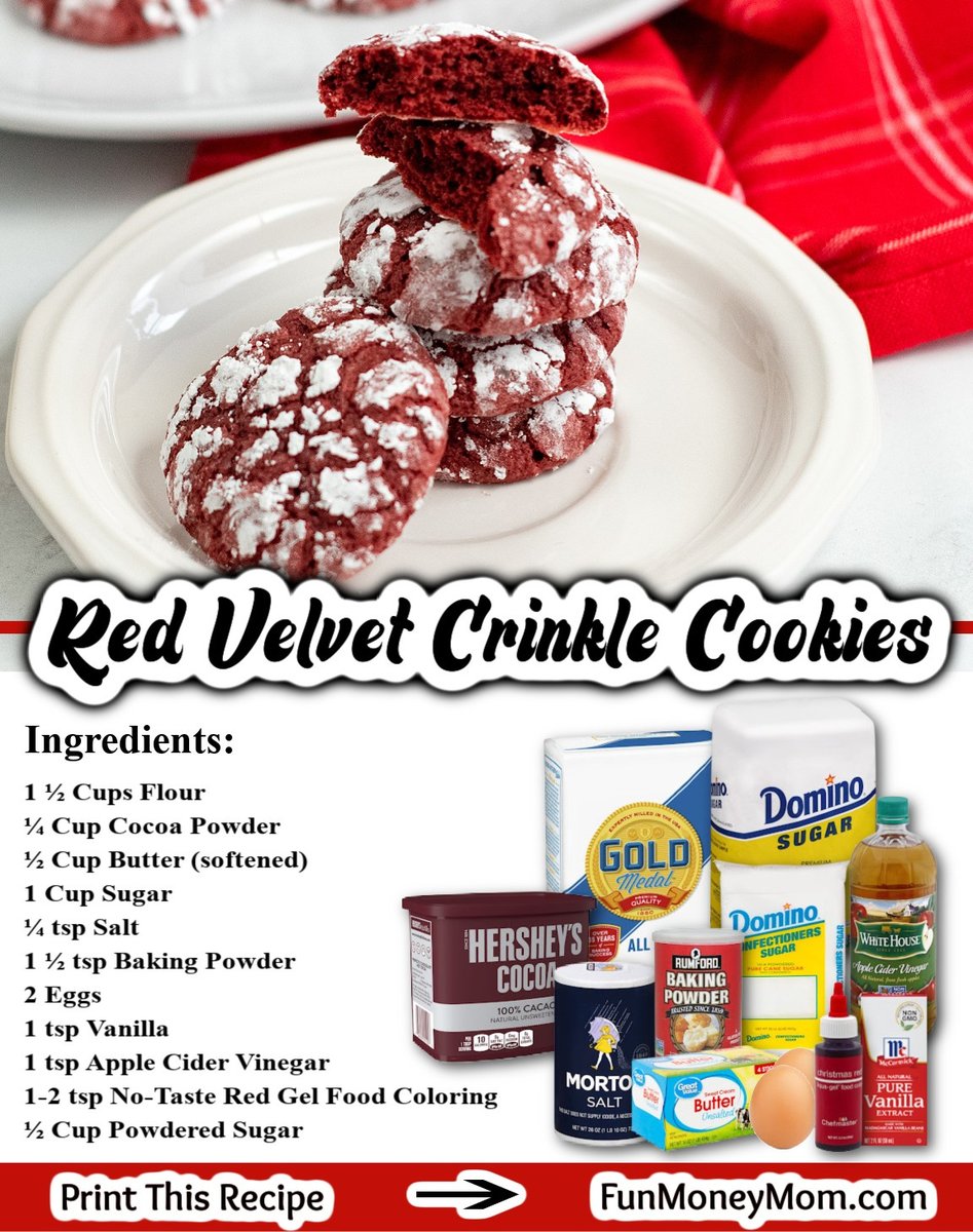 RED VELVET CRINKLE COOKIES
Recipe here: funmoneymom.com/red-velvet-cri…

These Red Velvet Crinkle Cookies are soft, rich and delicious with just the perfect hint of chocolate. Rolled in powdered sugar for a beautiful crackled white outside and fluffy red