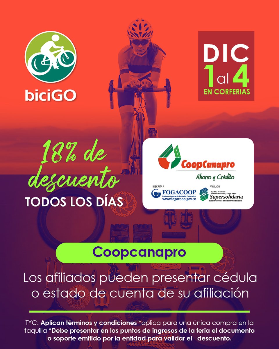 Coopcanapro's tweet photo. Te invitamos a vivir del biciGO y disfruta de la experiencia en Corferias, del 01 al 04 de diciembre. Aplica el descuento solo para el asociado.
¡No olvides que tienes beneficios por ser afiliado!
#Coopcanapro #BiciGO #Corferias #ParaCrecerJuntos https://t.co/WxS1egN9Jc