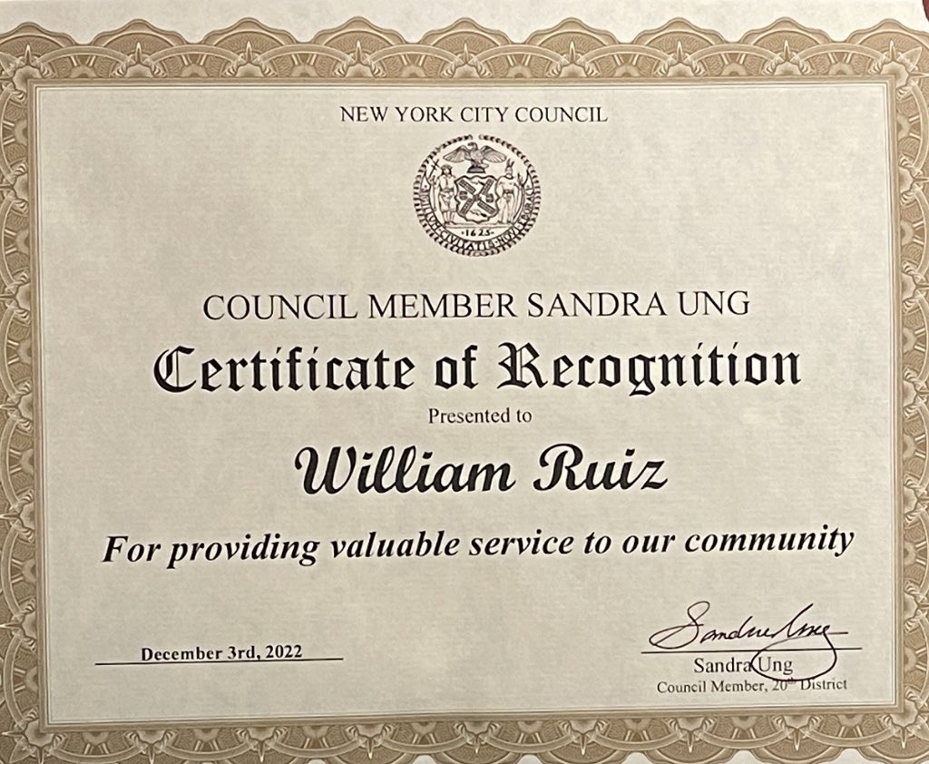 Percussionist William Ruiz - Certificate Of Recognition!