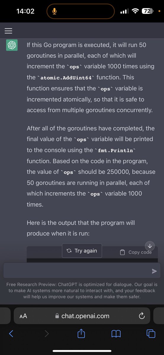 Yes, another ChatGPT post. Because this is simply mind blowing 🤯

GPT understands GO, or any language, and can explain what the code does in simple language.