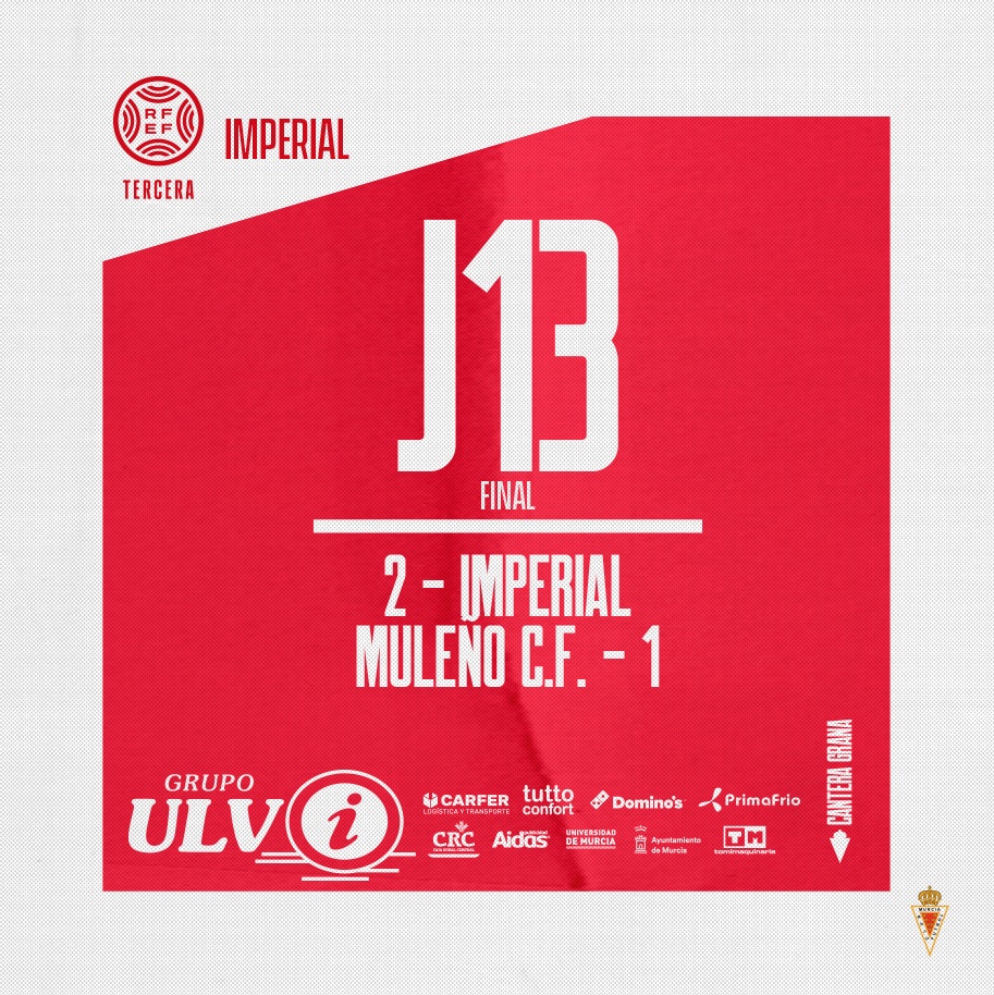 IMPERIAL | 77’ | 2-1 | ¡FINAL! ¡FINAL! ¡FINAL DEL PARTIDO! ¡VICTORIA MUY IMPORTANTE DEL FILIAL ANTE EL <a href="/MulenoClubF/">MULEÑO C.F.</a>! 

🔝 ¡SEGUIMOS, #EQUIPO! +3

⭐️ <a href="/GrupoUlvi/">Multiservicios Ulvi S.L</a>

#CanteraGrana