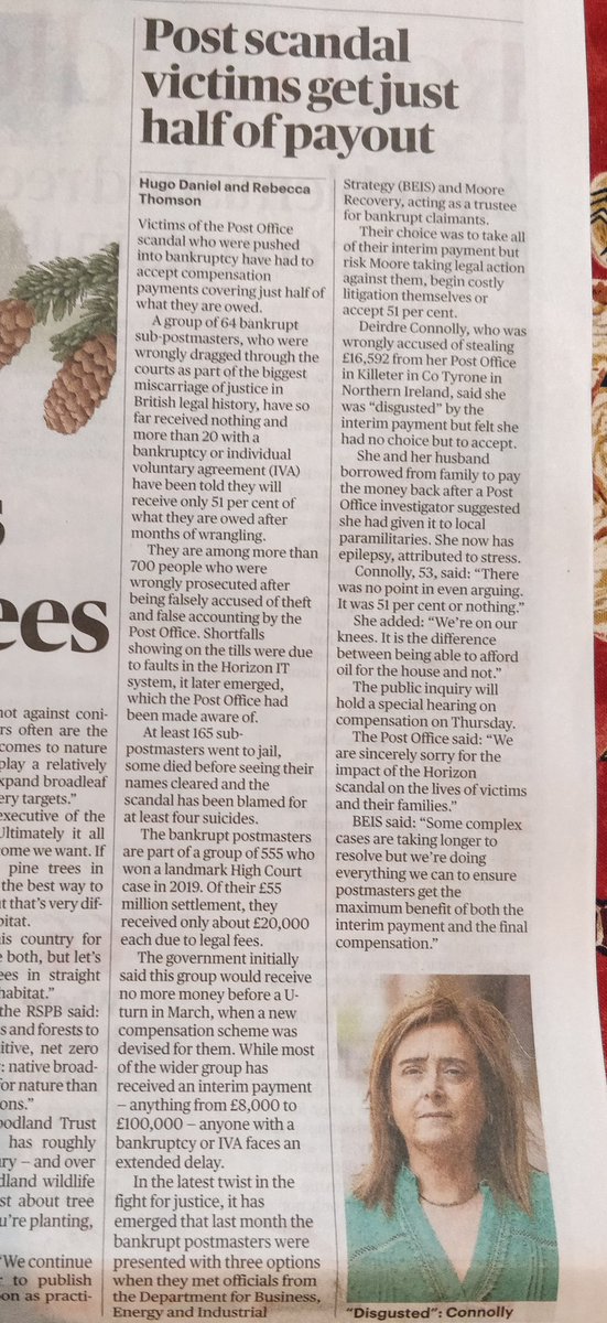 Rebecca Thomson (@rebeccathomson_) on Twitter photo It's not online but <a href="/HugoCDaniel/">Hugo Daniel</a> and I have a story on bankrupt postmasters being offered half their interim compensation in today's Sunday Times.
Big thank you <a href="/DeirdreC65/">Deirdre Connolly</a> It's not online but <a href="/HugoCDaniel/">Hugo Daniel</a> and I have a story on bankrupt postmasters being offered half their interim compensation in today's Sunday Times.
Big thank you <a href="/DeirdreC65/">Deirdre Connolly</a>