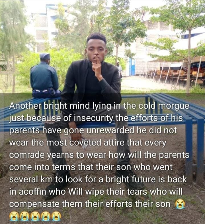 OscarJu91902792's tweet photo. It's so sad to cut off dreams of a Comrade by thugs. There is insecurity around machakos town and around machakos university. Police has failed to maintain security. 

#machakosuniversity
#Restinpeacecomrade
@john_nyamira @HEBabuOwino @Wavinya_Ndeti @Machakos_Gov
@NPSC_KE https://t.co/RHr60l9CRy