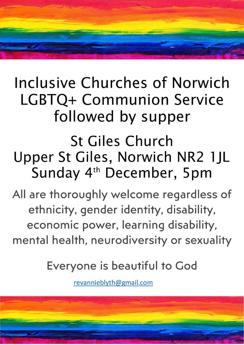 alariclewis's tweet photo. Please come join us this afternoon at 5:00 pm @stgilesnorwich for this months’s Inclusive Church/LGBTQI+ Communion Service followed by a tasty supper. ALL are welcome, and we’ll be finished by 7, as apparently there’s some sporting event on? The fab @annieblyth will be preaching! https://t.co/XZQgtoHBGb