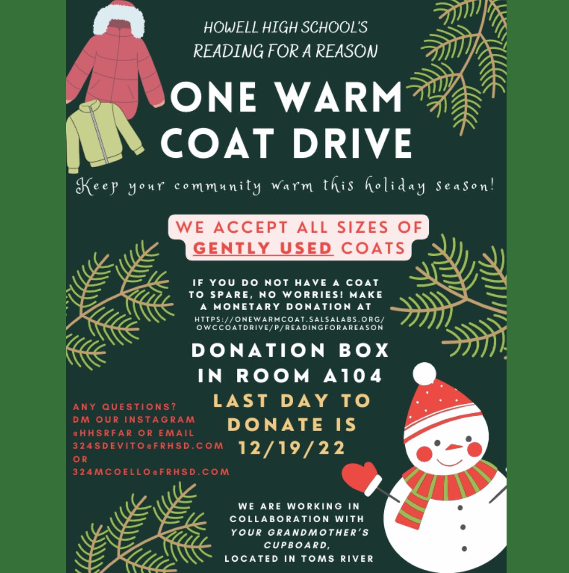 For December, we will be running a coat drive to help in-need members of our community stay warm this holiday season. Please bring in any gently used coats to the donation box in room A104. Also, make a monetary donation at the link in our bio! #tistheseasonforgiving