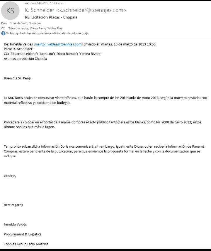 panamapapers22's tweet image. Hay que ver el descaro como esta empresa alemana coordina con Chapala la compra de placas antes que publiquen los pliegos de cargos, y cómo la empresa le da hasta los precios de referencia y tiempos de de entrega. Por eso más nadie puede competir!!!