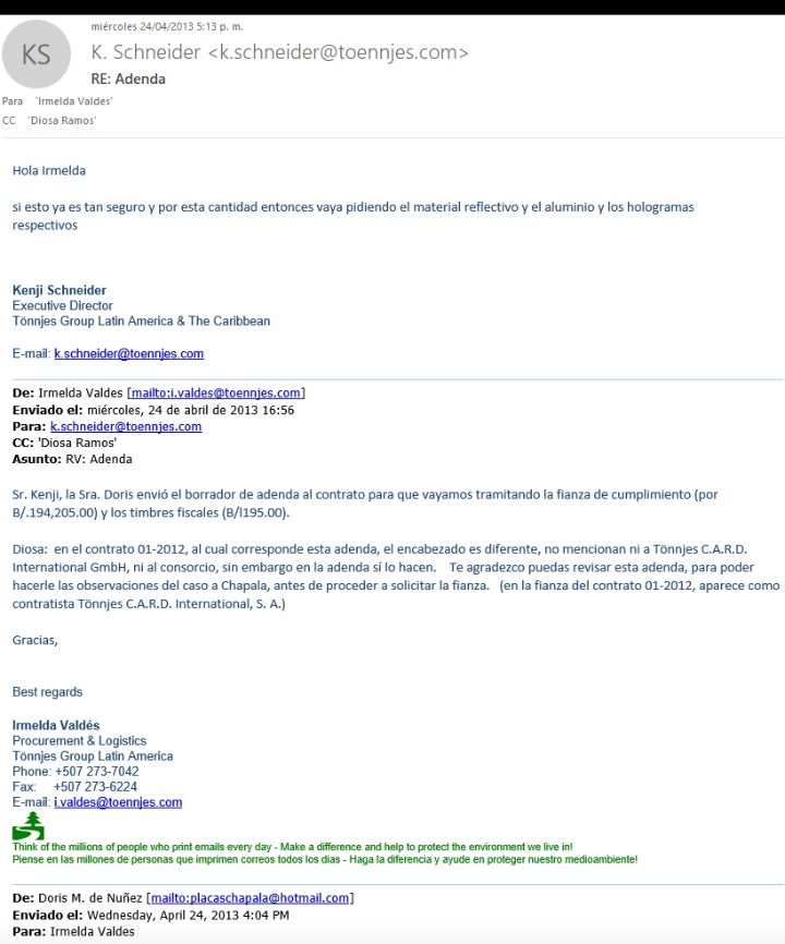 panamapapers22's tweet image. Hay que ver el descaro como esta empresa alemana coordina con Chapala la compra de placas antes que publiquen los pliegos de cargos, y cómo la empresa le da hasta los precios de referencia y tiempos de de entrega. Por eso más nadie puede competir!!!