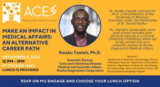 This week!

<a href="/BurkeLabRNA/">BurkeLab</a> alumn Kwaku Tawiah is the featured speaker at the Dec ACES event (Alternative Career Exploration in the Science). 

<a href="/LabMed_Guy/">Kwaku Dwumah Tawiah</a>
