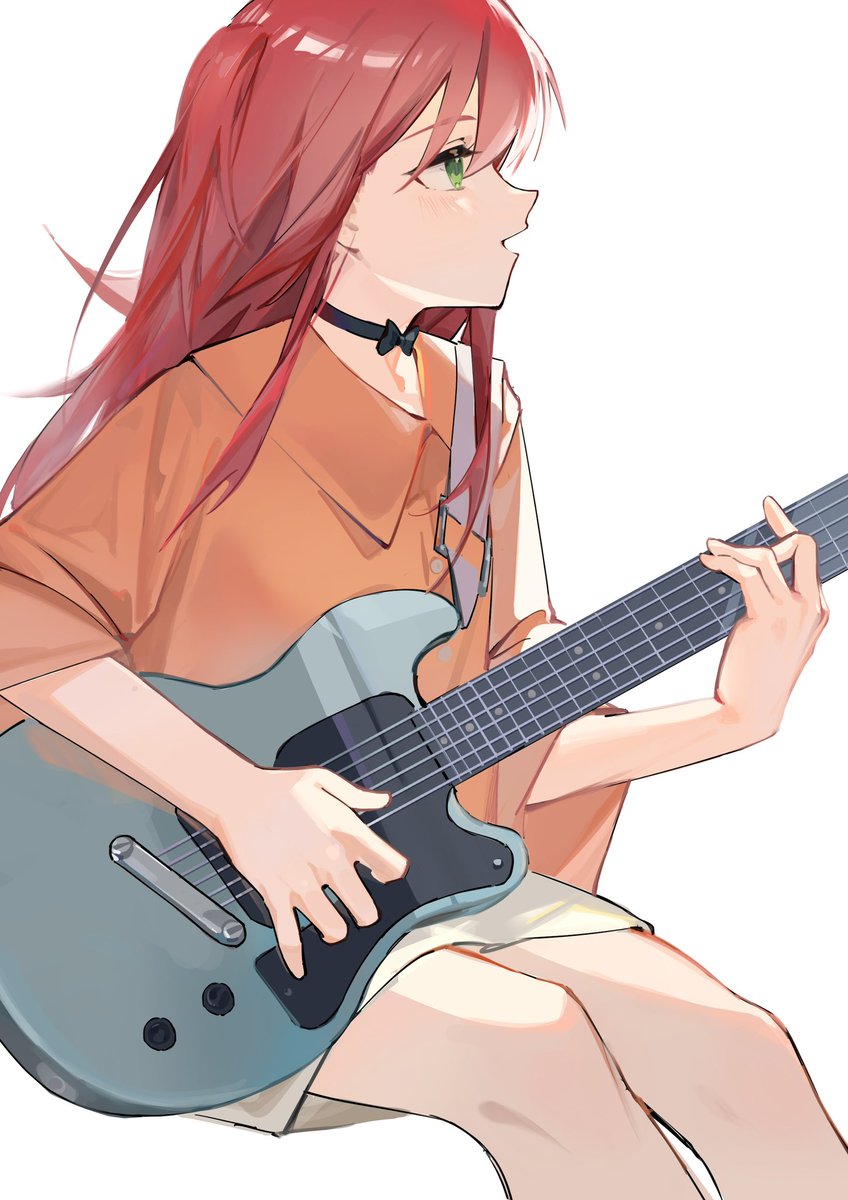 1girl instrument solo green eyes long hair guitar red hair  illustration images