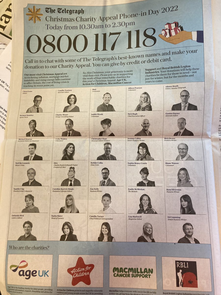 Hello! I am helping to man the phones for The Telegraph’s charity Christmas appeal today. Please call 0800117118 to donate to some great causes (and keep me company)