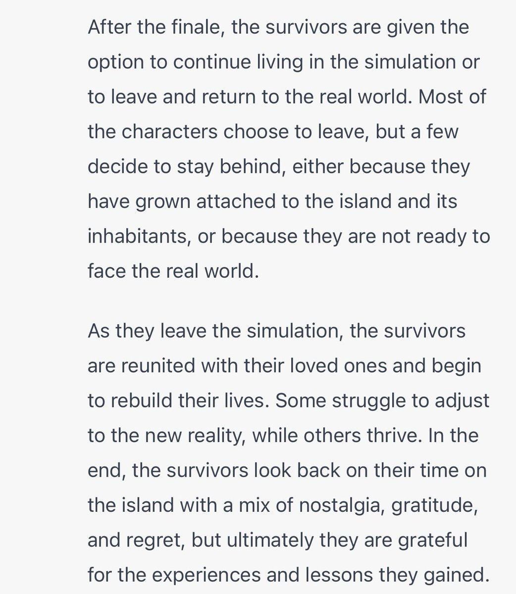 Para quem não gostou do final de Lost, um final alternativo feito por inteligência artificial 

#AI #ChatGPT