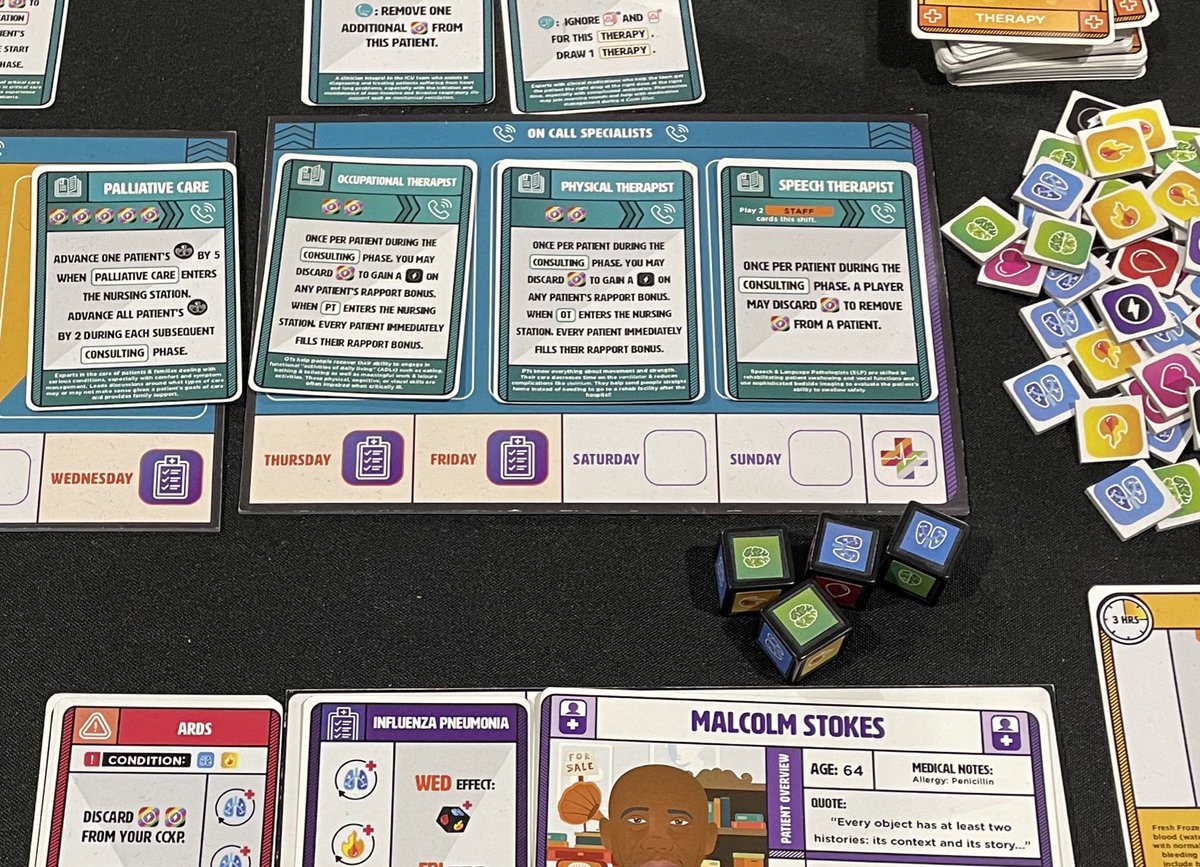 Woah #rehabilitation representation in this board game @CritCareGame! #PT card: 'when #OT enters the nursing station, every patient immediately fills their rapport bonus'. #PAXUnplugged @pax a whole weekend of board gaming fun - you do not disappoint!