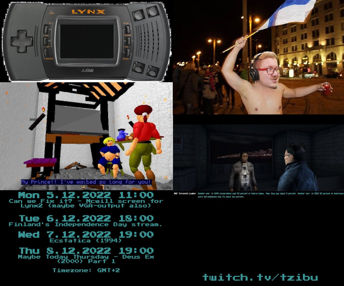 TzibuTwitch's tweet photo. Next week is here whupee!

Timezone is GMT+2
https://t.co/4iJWnjdDSD

#tzibu #twitchaffiliate #twitchtv #twitchgamer #gaming #retro #retrogames #twitch #retrogamer #lynx #mcwill #soldering #fixit #deusex #torille #ecstatica https://t.co/eRdobW8HV9