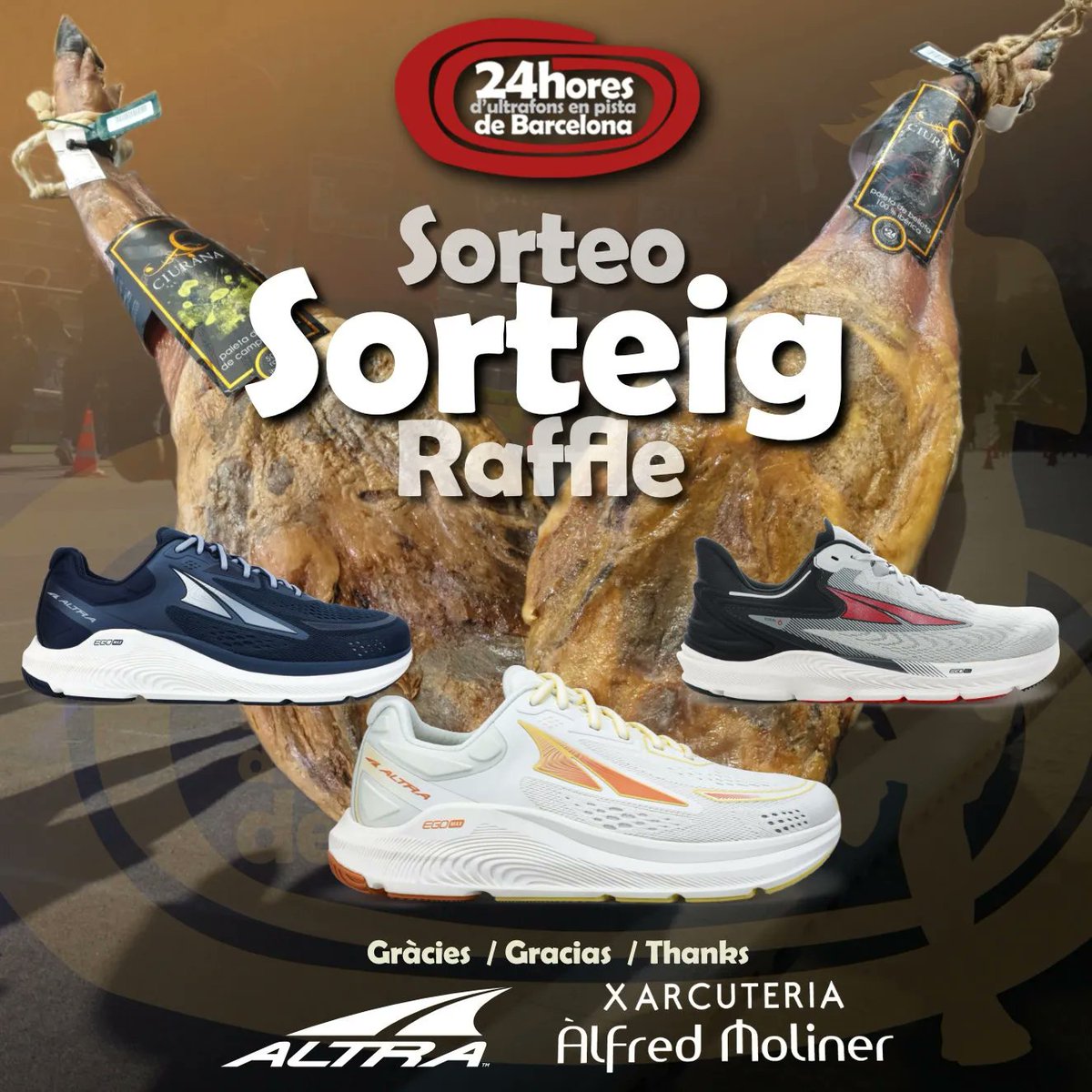 Gracias a nuestros colaboradores ALTRA y CHARCUTERÍA ÀLFRED MOLINER, sortearemos 3 pares de zapatillas y dos paletillas ibéricas entre todas las personas que hagan una donación al centro de acogida ASSÍS, a través de nuestro TPV.
Bases para participar: 
activitats.corredors.cat/24hores/es/sor…