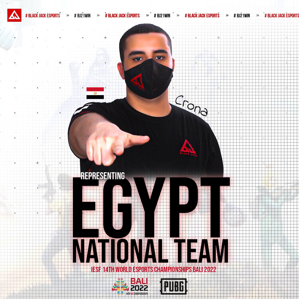 BJ21ESPORTS's tweet photo. Good luck to our pubg mobile player MOHAMED FOUAD ‘’ Crona ‘’ MASHHOUR representing Egypt 🇪🇬 National Team in The World Esports Championships Bali , indonesia 🇮🇩 2022 

#BJ21WIN #esports #iesf #pubgmobile #WEC22 https://t.co/tFscQSINTI