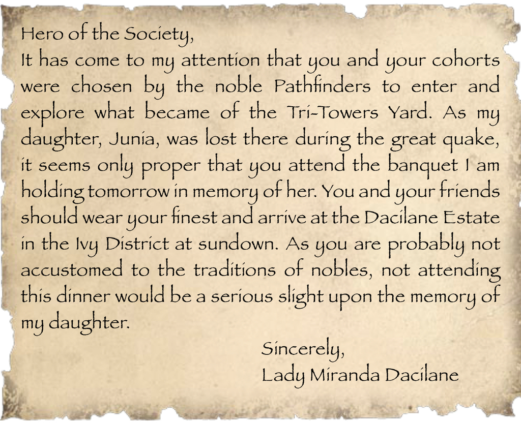 GolarionToday's tweet photo. Note from Lady Miranda Dacilane requesting Pathfinder assistance.
https://t.co/afgXjX8BMq
#MirandaDacilane #IvyDistrict #TriTowersYard #BeldrinsBluff #Absalom #4708AR #Drownyard #Junia #Dacilane
Source: https://t.co/Fx4CEvzcx3 https://t.co/65ceTeeQQc