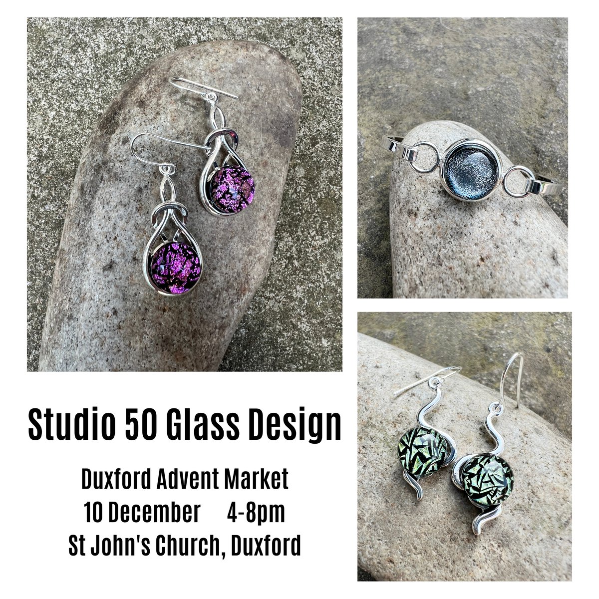 AdventMarket's tweet photo. We're welcoming back Shirley from Studio 50 Glass Design on Saturday 10 December at the Duxford Advent Market. Shirley's range of jewellery uses fused glass &amp; precious metal, in all colours of the rainbow, and inspired by the English countryside. Be sure to put us in your diary! https://t.co/Dqq9925vpV