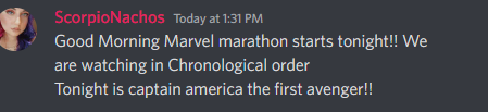 NachosScorpio's tweet photo. If you want to join in on the marvel marathon we are starting be sure to join the discord and watch them with us! 
https://t.co/adZANuHrHF https://t.co/OwZqZSoa4b