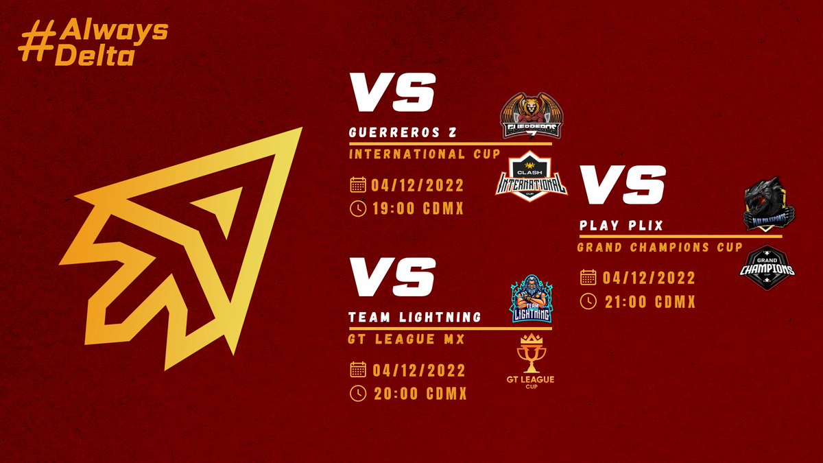 #TDCR • HOY JUGAMOS ∆ •

🏆 | <a href="/Cup_Internation/">International Cup</a> [J2]
🆚 | <a href="/GuerrerosZCR/">Guerreros Z</a>
⏰ | 22:00 🇨🇱

🏆 | @GT_LEAGUE22 [J12]
🆚 | <a href="/TeamLightning8/">Team Lightning</a>
⏰ | 23:00 🇨🇱

🏆 | <a href="/GrandChampsCR/">GrandChampionsCup™</a> [J3]
🆚 | <a href="/PFmoficial/">PPX Manú Killer CR⚡</a>
⏰ | 00:00 🇨🇱

#GoDelta #AlwaysDelta #Esportsgaming #gameplay