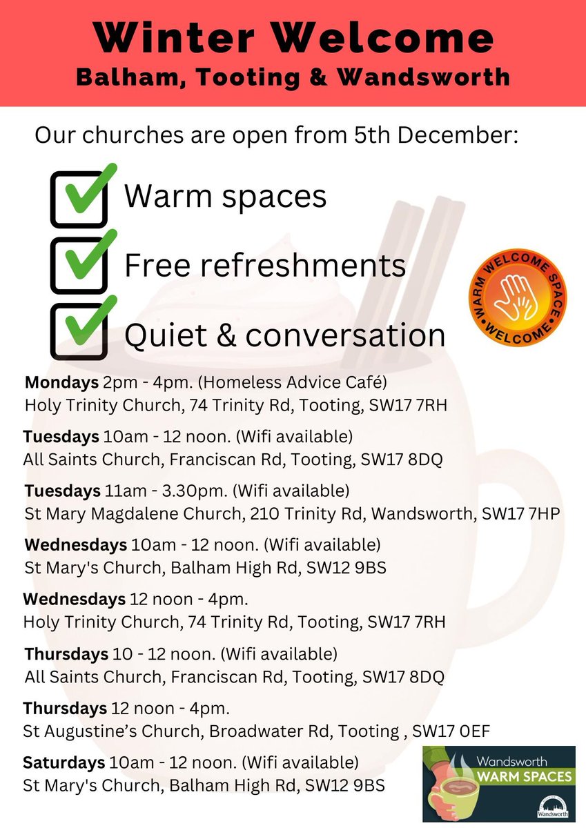 Enjoy a ‘Winter Welcome’ at local churches offering a warm space, free hot drinks and refreshments, friendly chat and things to do. From 5th December through the winter. A big welcome to all. <a href="/tootingnewsie/">Tooting Newsie</a> <a href="/balhamnewsie/">Balham Newsie</a> <a href="/wandbc/">Wandsworth Council</a>