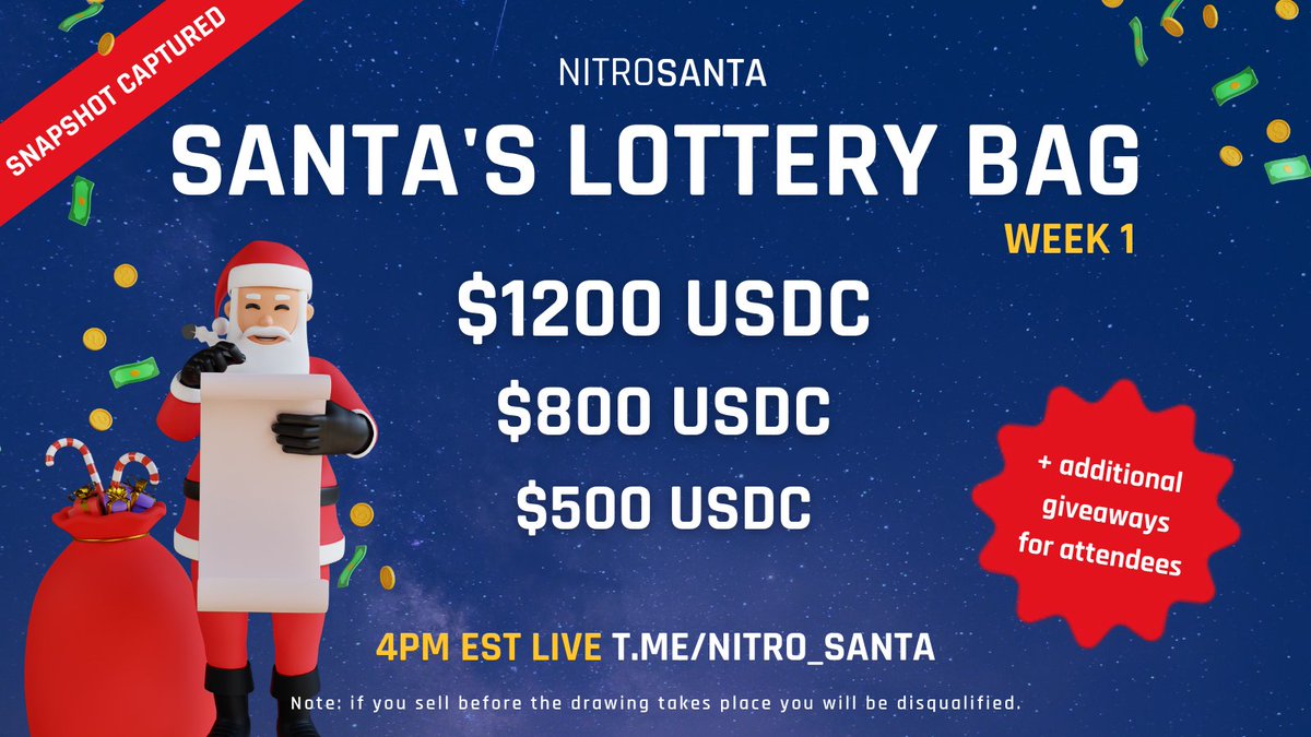 nitro_santa's tweet photo. The first weekly $NSANTA #lottery is today! Who will the lucky holders be? Tune in at 4pm EST to find out, every week til' Christmas!!
+ Want to win a #NitroSanta #NFT Pass with access to the daily lottery? 1. Follow us on Twitter, 2. Like this post, 3. Retweet & @ 3 friends! https://t.co/EZ0A88GTV0