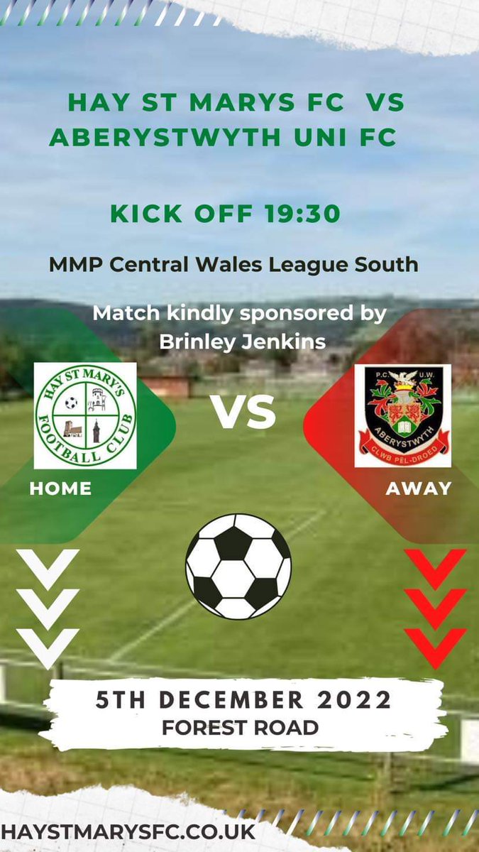 HayStMarysFC's tweet photo. Big game Monday night at Forest Road. Saints take on high flying Aber Uni, 7.30 kick off, tea room open.  Match is kindly sponsored by Brinley Jenkins. SAINTS!! 🟢 ⚪ https://t.co/xgnyOWuPcy