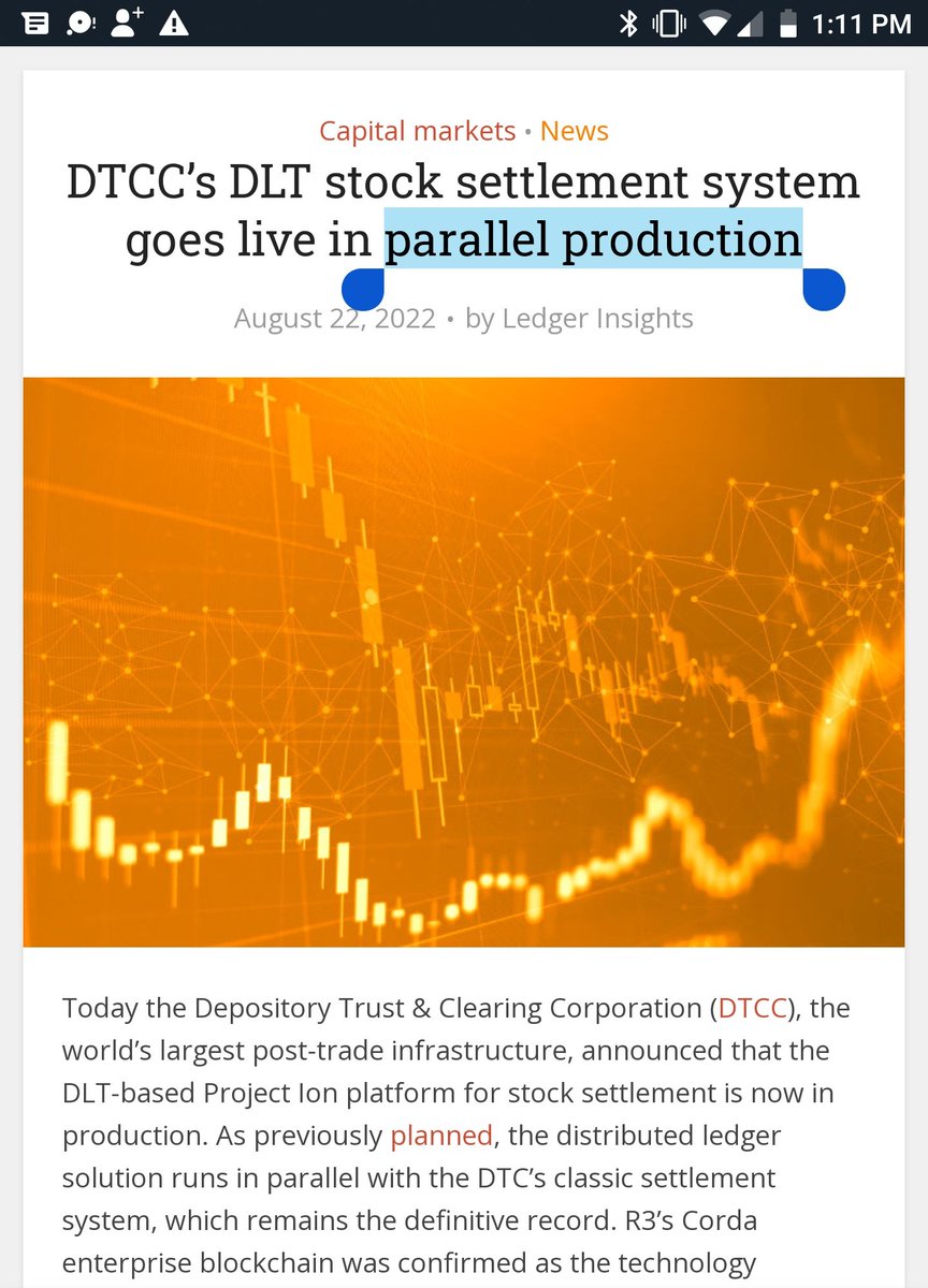 ApeAverage's tweet photo. โ ๏ธ#DTCC DLT stock settlement system goes live in Parallel Production... Project Ion/R3C-rda @chef_master_d @rattoy2 @CuttillEric @BossBlunts1 @SylviaRey @AMCbiggums @Mrkilokilo @JeffTay68778958 @AlexDamsker @DarkApe801 @Phoenix92159269 https://t.co/u3eePpmbZr