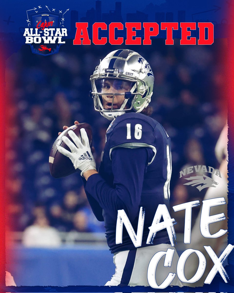 Leading QB for <a href="/HalMumme/">Hal Mumme</a>'s Mud Dogs is <a href="/natecox_16/">Nate Cox</a> <a href="/NevadaFootball/">Nevada Football</a> .  Standing at 6'9", this Cajun from da bayou knows how to read defenses!  30 passes for 1753 yards = enough Accuracy with Arm Strength while possessing great Mobility.  #GeauxCajunBowl🦞🔥🏈  #NFLDraft2023