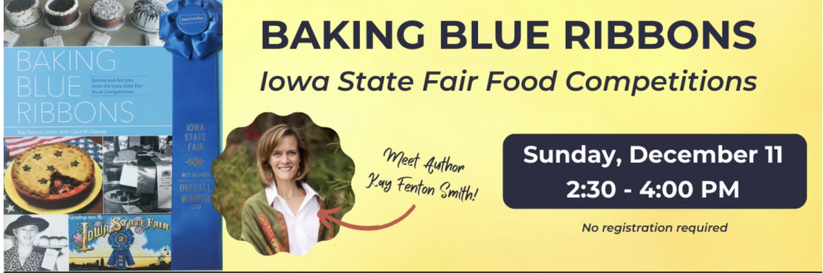 kayfentonsmith's tweet photo. Hey, Iowa Friends -- Please join us Sunday, Dec. 11 @ 2:30, at West Des Moines Public Library for a BAKING BLUE RIBBONS event! I’ll share stories, recipes, and history about our #1 State Fair Food Competitions—and blue-ribbon-winning cinnamon doughnuts! https://t.co/j56VSLN0Ix