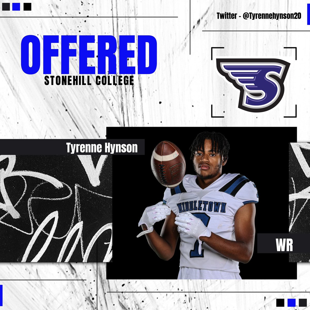 Congratulations to Class of 2023 WR <a href="/TyrenneHynson20/">Ty’renne Hynson</a> on his 1st Division One Offer to <a href="/StonehillFB/">Stonehill Football #DIG</a>! Thank you <a href="/CoachEliGardner/">Coach Eli Gardner</a> &amp; <a href="/_CoachMaher/">Jerry Maher</a> 
#BlueHeartDNA💙🧬