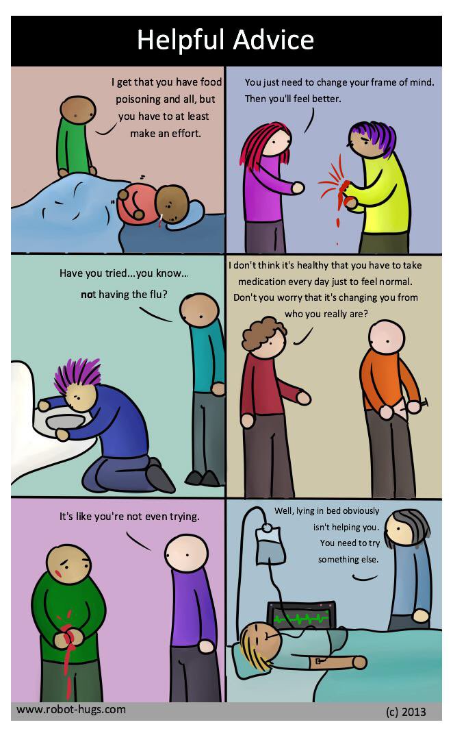 ESL_fairy's tweet photo. This piece by @RobotHugsComic is brilliant. 

What kinds of “helpful advice” do we give to students or staff who are struggling with mental illness? What if we took mental health as seriously as we took physical health?
#MentalHealthMatters https://t.co/KQJPFNc6UQ