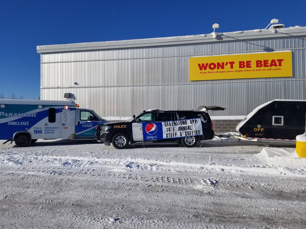 OPP_NWR's tweet photo. 14th annual #StuffACruiser event in #Greenstone another HUGE SUCCESS in support of Harvest Centre Foodbank. #GreenstoneOPP send a big #thankyou to all those who donated and our major sponsors at #GreenstoneGoldMines, #SNEMS, #DaneffsFoodMarket, Jinky's @nofrillsCA, #FreshMart ^bf https://t.co/ezRfiBSBlD
