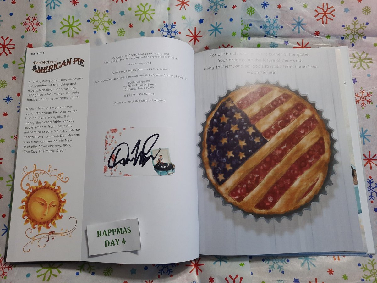 VinceFlynnFans's tweet photo. Rappmas Day 4
Today's giveaway is a Signed copy of @donmclean's #AmericanPie #AFable!!
This is a children's book, but I absolutely love it. I'm a huge Buddy Holly fan and a huge fan of Don's song #AmericanPie!
To enter: reply with your favorite Christmas song https://t.co/BPUSBTzrAZ