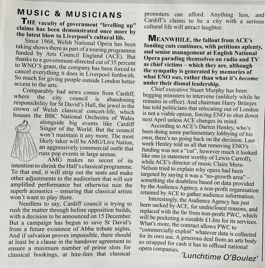 PRIVATE EYE coverage of the campaign to Save St David's Hall, the National Concert Hall of Wales: “Cardiff Council is trying to rush the matter through before opposition builds.”

Save St David's Hall Protest: No Privatisation: Friday 9 December, 3 pm - 4.30 pm outside City Hall