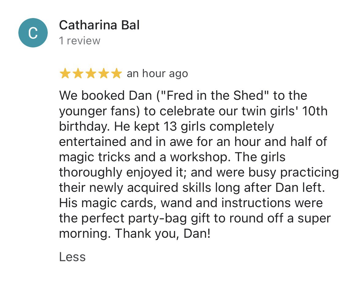 Fredintheshed01's tweet image. A lovely review from a magic Workshop #5star #5starreview #magicworkshop #learnmagictricks #kidsmagiclesson #magicideas #kidspartyidea #kidsmagiclesson