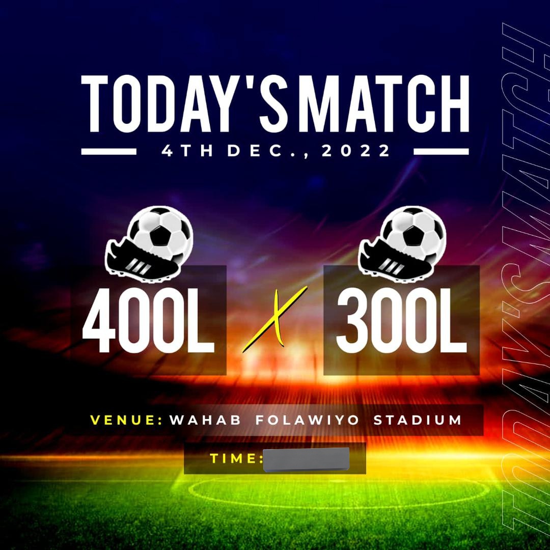 Crescent_Uni's tweet photo. 400 LEVEL VS 300 LEVEL 
TODAY, 4TH OF DECEMBER 2022
VENUE: WAHAB FOLAWIYO STADIUM 
TIME: 4PM

#CUAB https://t.co/gUOUaRk2xU