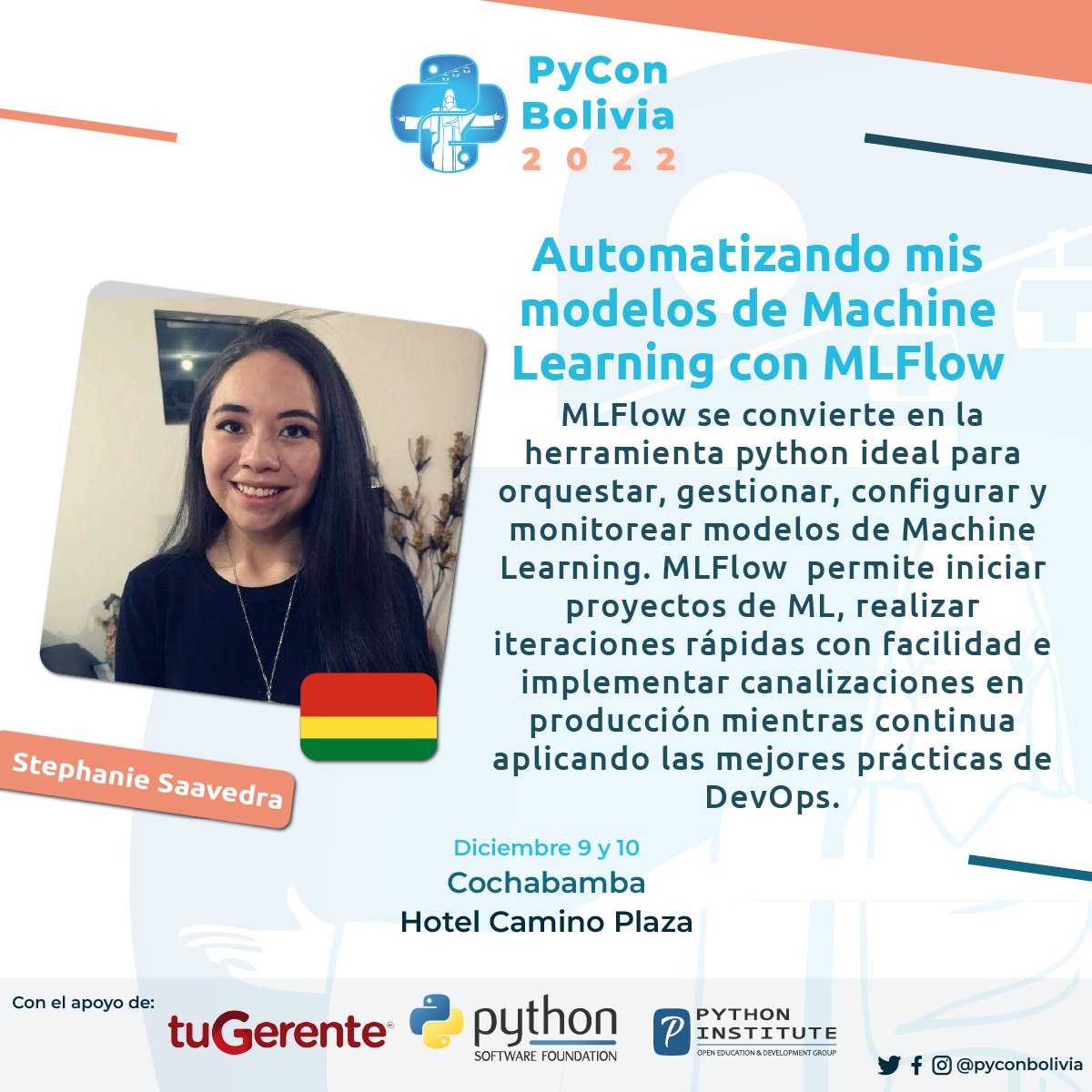 🥳 ¡Les presentamos a nuestra speaker @tefi_rocks ! 🥳💪
🔵Stephanie nos hablara de "Automatizando mis modelos de Machine Learning con MLFlow"
No te pierdas esta interesante charla!
🟡 Compra tus entradas aqui: bit.ly/PyConPaquetes
#Python #PyCon #Bolivia #pyconbo #python