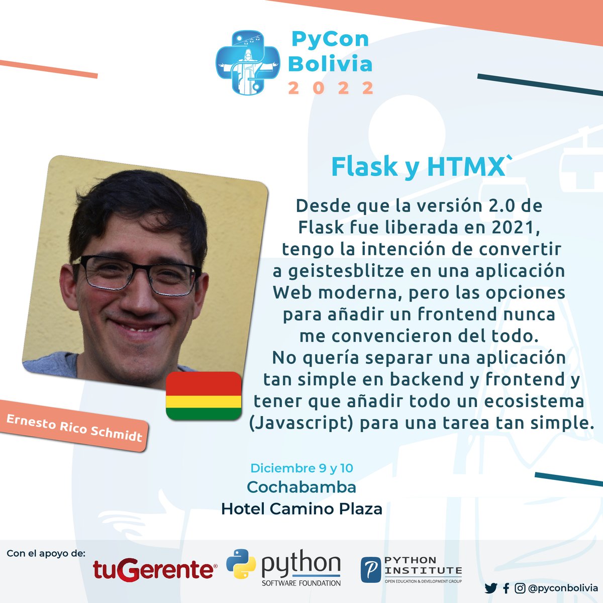 🥳 ¡Les presentamos a nuestro speaker @nnrcschmdt  ! 🥳💪

🔵Ernesto nos hablara de Flask y htmx

🟡 Compra tus entradas aqui: bit.ly/PyConPaquetes
#Python #PyCon #Bolivia #pyconbo #python